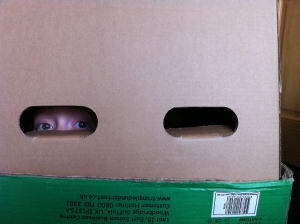 Child hiding in a box, peeking out through a handle hole